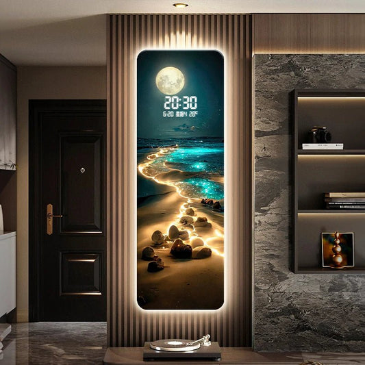 Wave painting, living room clock, moon digital display, intelligent electronic clock, entrance decoration, painted lights - Smoothy Home
