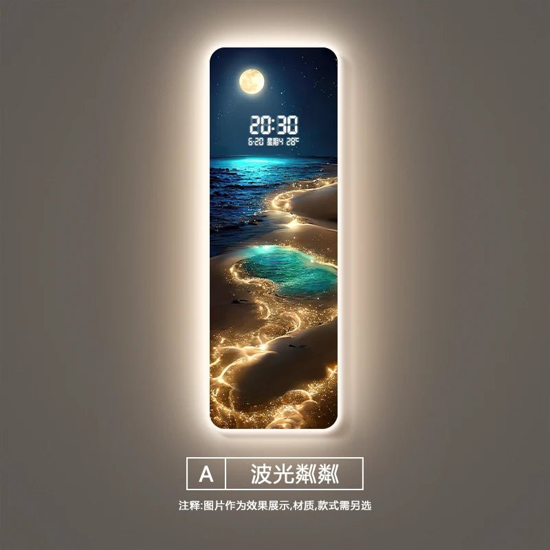 Wave painting, living room clock, moon digital display, intelligent electronic clock, entrance decoration, painted lights - Smoothy Home