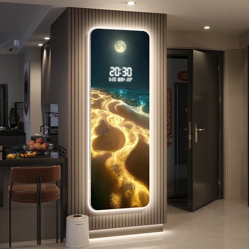 Wave painting, living room clock, moon digital display, intelligent electronic clock, entrance decoration, painted lights - Smoothy Home