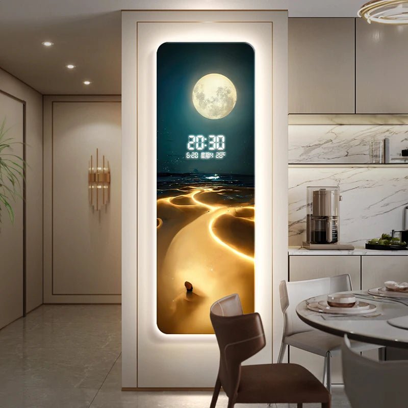 Wave painting, living room clock, moon digital display, intelligent electronic clock, entrance decoration, painted lights - Smoothy Home