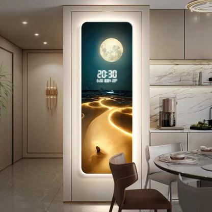 Wave painting, living room clock, moon digital display, intelligent electronic clock, entrance decoration, painted lights - Smoothy Home
