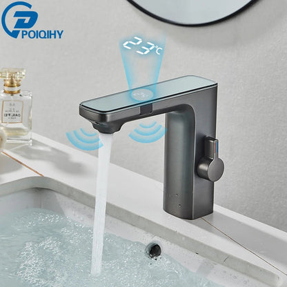 White Smart Sensor Basin Faucet Screen Digital Display Hot Cold Water Mixer Tap Touchless Vanity Sink Faucet For Bathroom - Smoothy Home