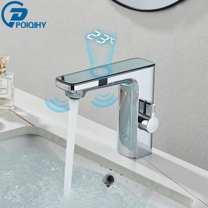 White Smart Sensor Basin Faucet Screen Digital Display Hot Cold Water Mixer Tap Touchless Vanity Sink Faucet For Bathroom - Smoothy Home