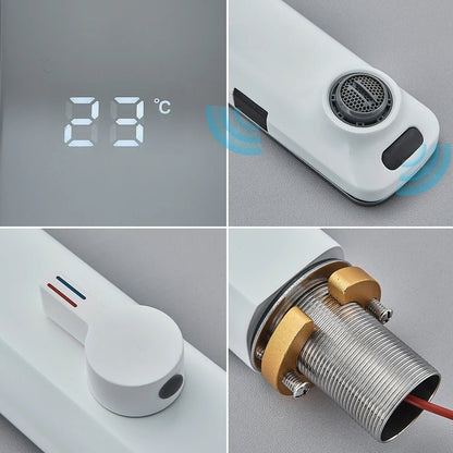 White Smart Sensor Basin Faucet Screen Digital Display Hot Cold Water Mixer Tap Touchless Vanity Sink Faucet For Bathroom - Smoothy Home