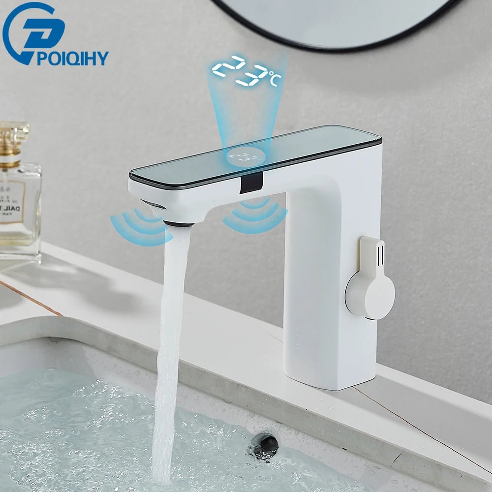 White Smart Sensor Basin Faucet Screen Digital Display Hot Cold Water Mixer Tap Touchless Vanity Sink Faucet For Bathroom - Smoothy Home