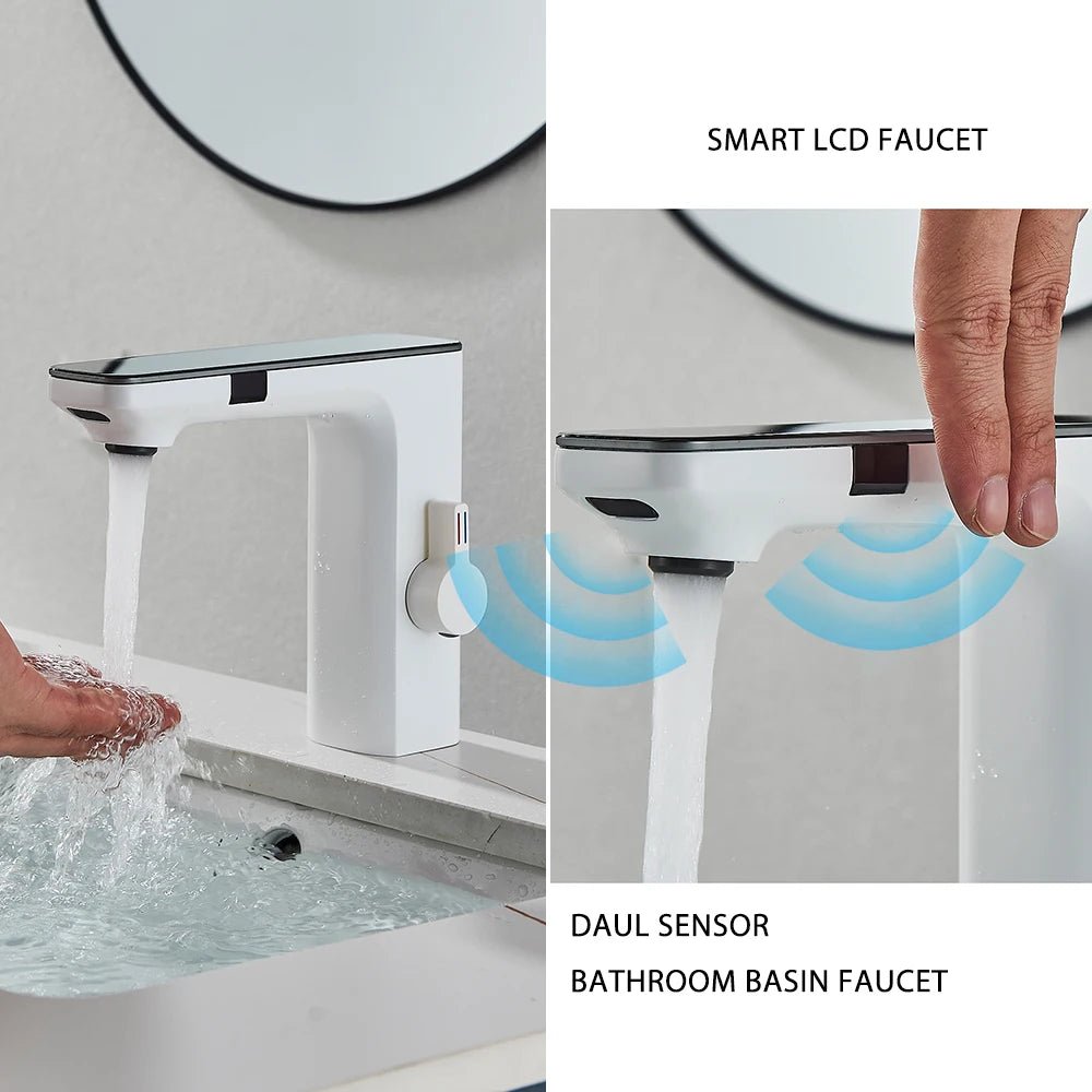 White Smart Sensor Basin Faucet Screen Digital Display Hot Cold Water Mixer Tap Touchless Vanity Sink Faucet For Bathroom - Smoothy Home