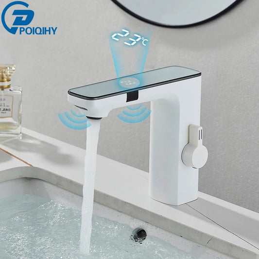 White Smart Sensor Basin Faucet Screen Digital Display Hot Cold Water Mixer Tap Touchless Vanity Sink Faucet For Bathroom - Smoothy Home