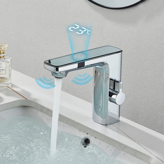 White Smart Sensor Basin Faucet Screen Digital Display Hot Cold Water Mixer Tap Touchless Vanity Sink Faucet For Bathroom - Smoothy Home