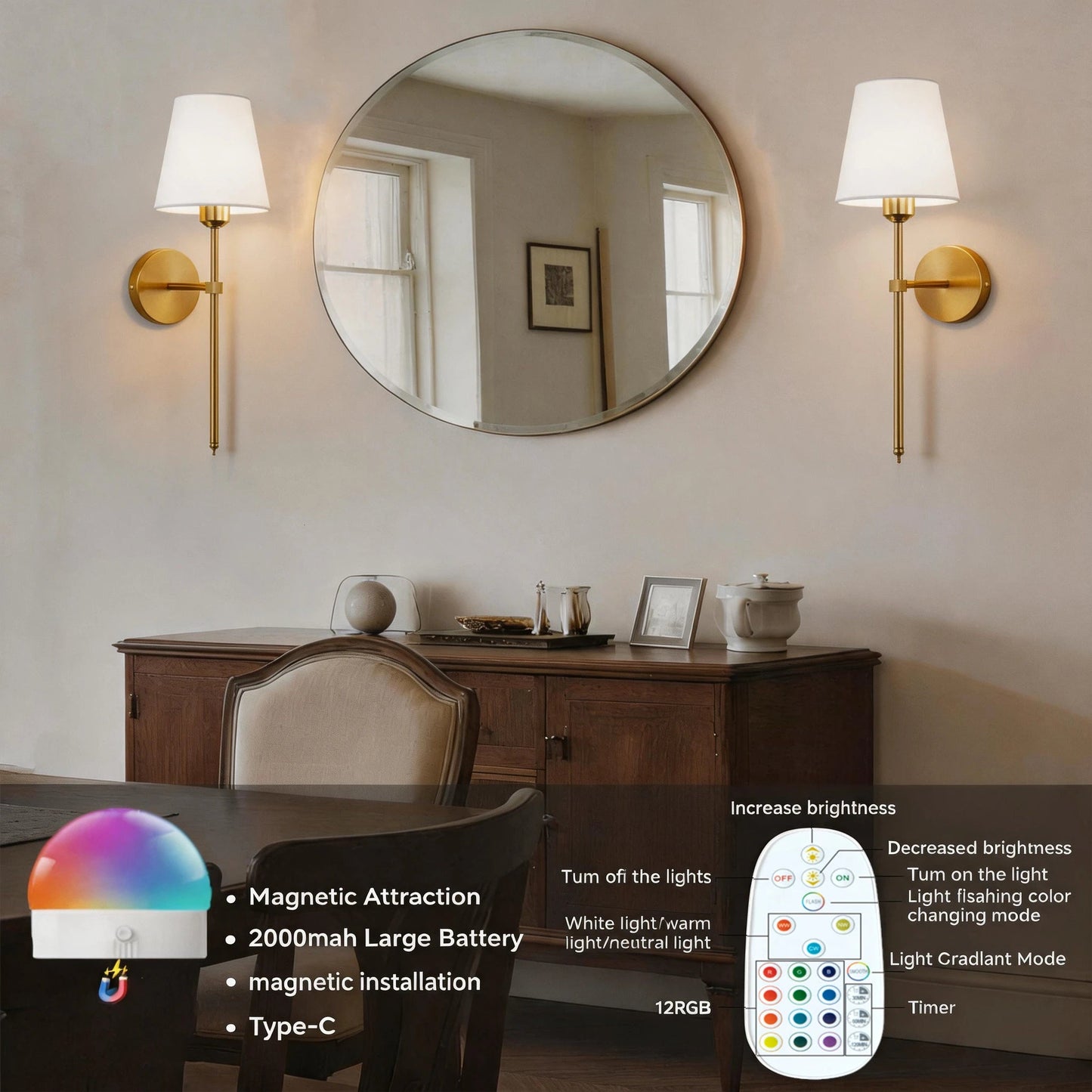 Wireless battery powered wall lamp rechargeable wall lamp dimmable detachable bulb remote control 10 color wireless wall lamp - Smoothy Home