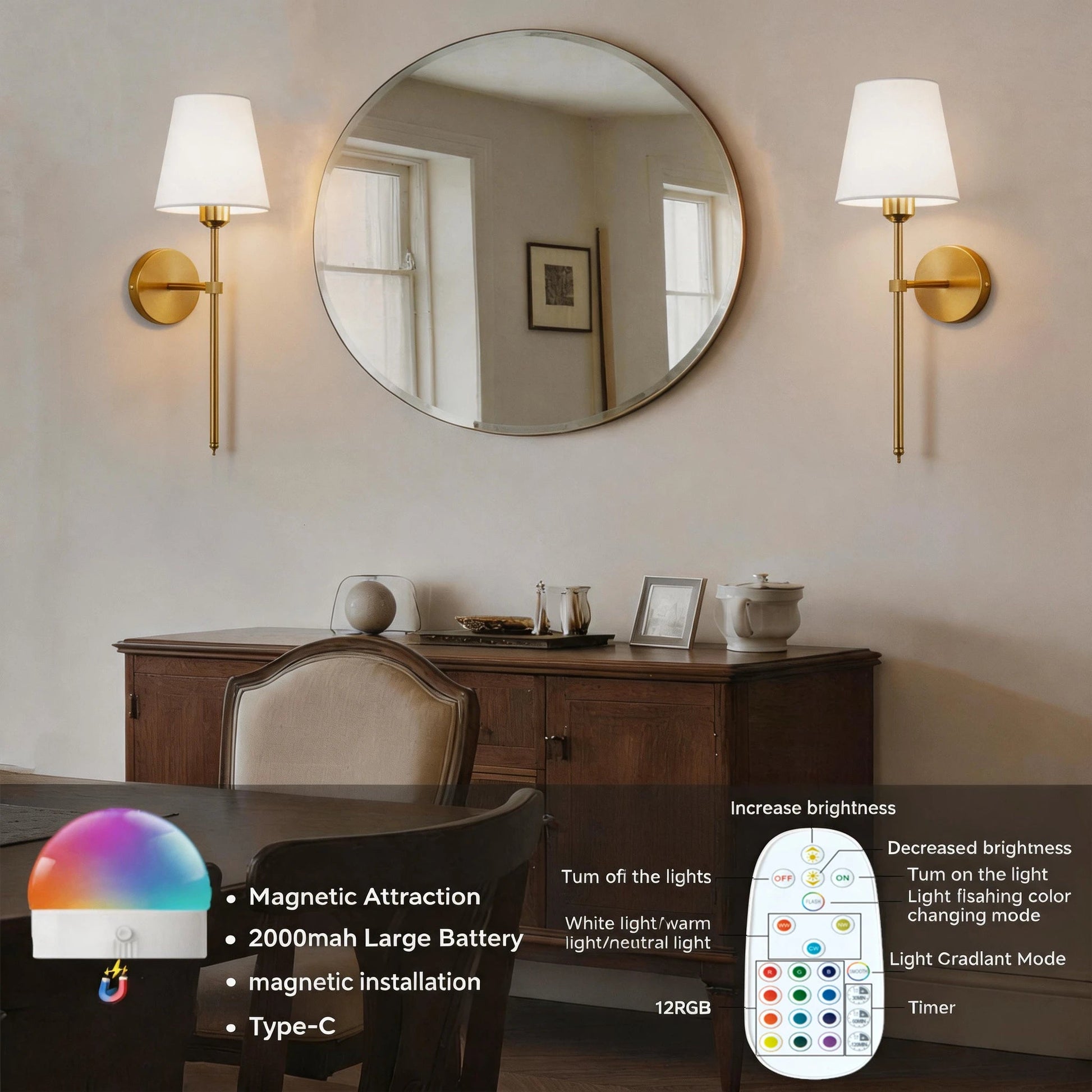 Wireless battery powered wall lamp rechargeable wall lamp dimmable detachable bulb remote control 10 color wireless wall lamp - Smoothy Home